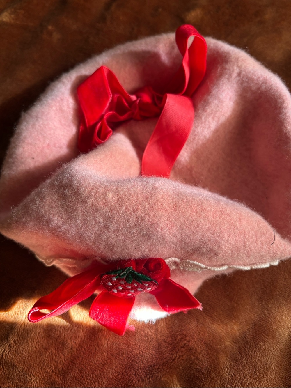 Pink Wool Blend Beret with Red Ribbon Accent